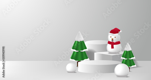 concept of podium product display for christmas and happy new year with snowman and fir tree © andinur