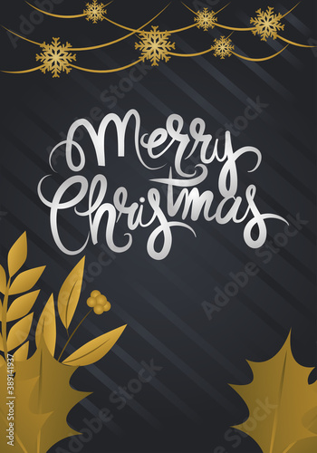 merry christmas  golden hanging snowflakes leaves lettering over black background