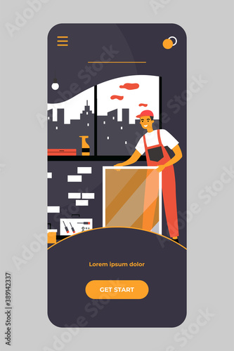 Happy repairmen doing renovation at home flat vector illustration. Cartoon workers repairing window and electricity in building. Room interior and design concept