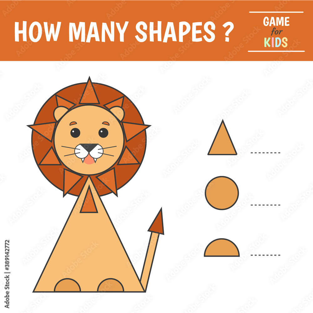 Educational game for kids. Geometrical figure lion. Count circles, triangles,  semi-circles. Preschool worksheet activity. Vector illustration Stock  Vector | Adobe Stock