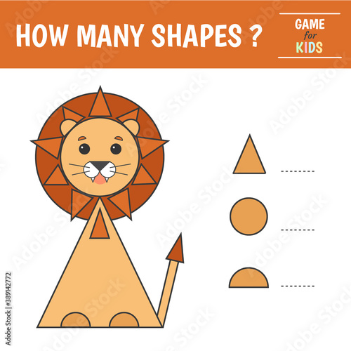 Educational game for kids. Geometrical figure lion. Count  circles, triangles, semi-circles. Preschool worksheet activity. Vector illustration photo