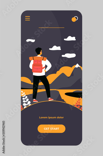 Adventure travel concept. Tourist exploring mountains. Man with backpack standing at cliff and admiring landscape. Vector illustration for hiking, trekking, nature, discovery, tourism topics