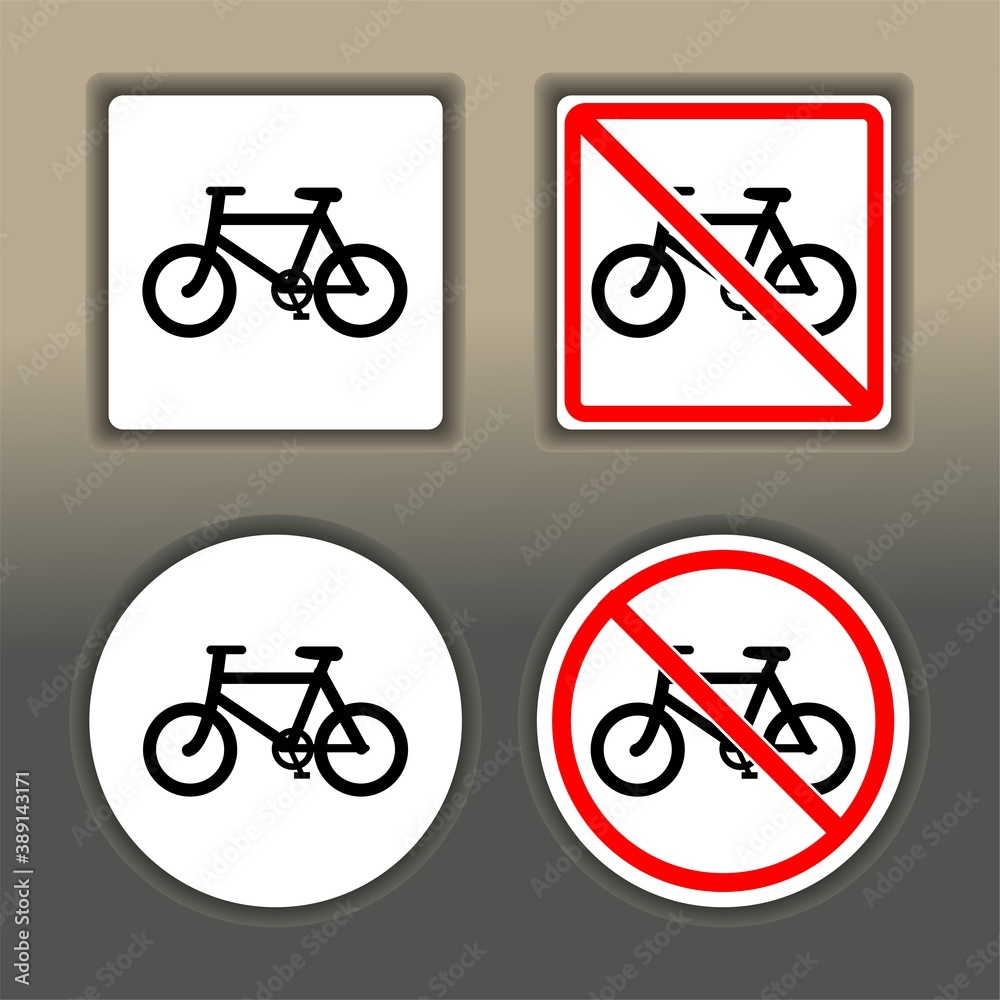 Set of bicycle sign. No bicycle sign. Cycling area. Signboard. Set of bicycle sign. No bicycle sign. Cycling area. Signboard.