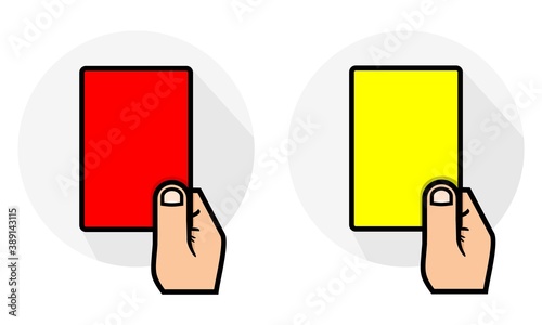 The referee's hand holding the red and yellow cards. Offense in football. Illustration vector
