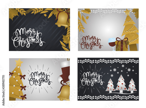 merry christmas, greeting cards set, golden bell, tree, decoration