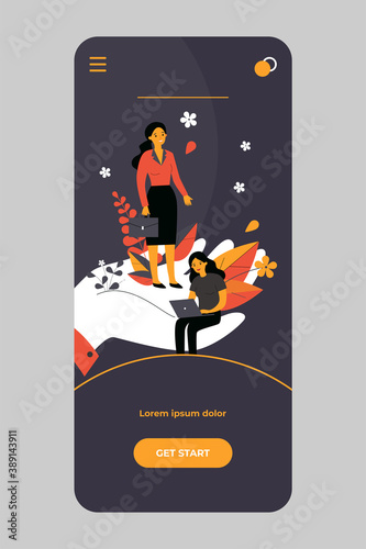Employees care concept. Giant human hands holding and supporting tiny business professionals. Vector illustration for trade union, corporate insurance, employees wellbeing, benefits topics