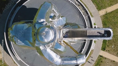 Dolly zoom. Equestrian statue of Genghis Khan in sunny weather. Mongolia, Ulaanbaatar, Aerial View, HEAD OVER SHOT with rotation photo