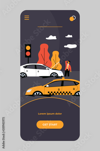 Heavy rain and water flood damaging cars, road and city traffic. Tow truck carrying broken vehicle. Vector illustration for spring storm, rainy weather, hurricane, disaster concept