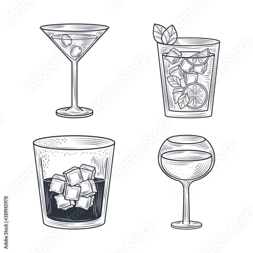 cocktail alcohol drink beverages appetizer different glasses, thin line style icons