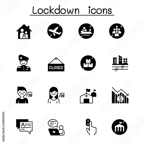 Set of Lock down city Related Vector Icons. Contains such Icons as work from home, stay home, corona virus, covid-19, virus crisis, social distancing, online connect and more.