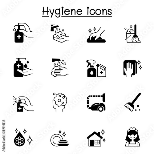 Set of Hygiene related vector icons. contains such Icons as Hand washing, cleaning, healthcare,  soap, wipe, sanitary, broom, and more.