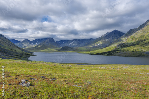 View of Bolshoye Khadataeganlor lake on a cloudy August day. Polar Ural  Russia