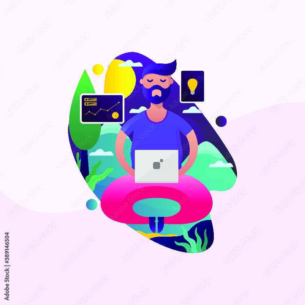 Obraz premium Illustration of a man working with laptop and nature background