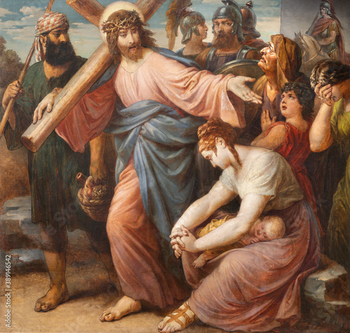 Photography VIENNA, AUSTIRA - OCTOBER 22, 2020: The painting Jeus meets the women of Jerusalem  in church St