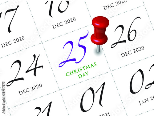 Close up of Christmas day 2021 on diary calendar. Wishing you wonderful memories during this joyous season.