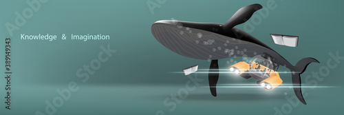 Educational concept of knowledge and imagination offers personal submarine or a small submarine in the ocean with whale and books.