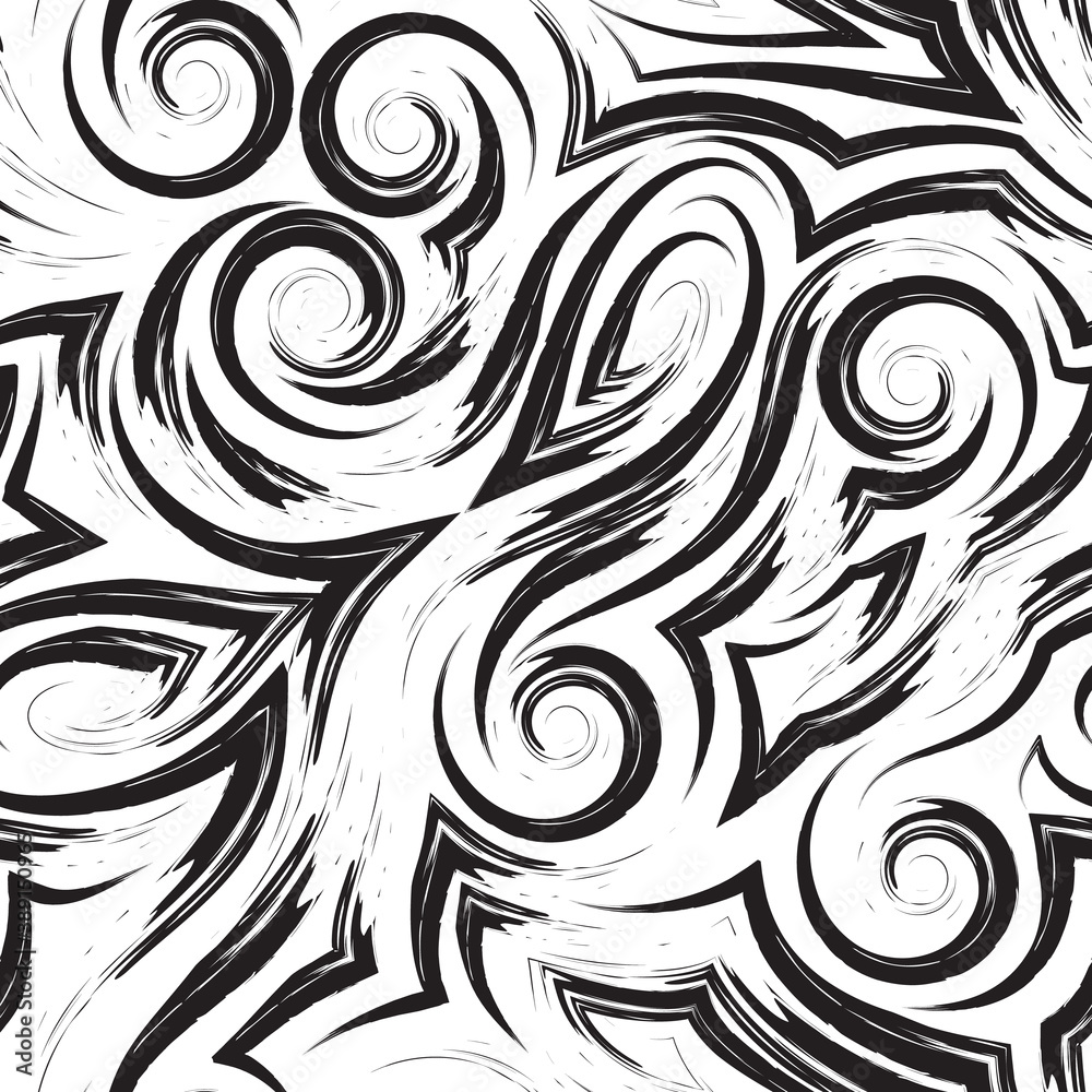 Obraz premium Vector black seamless pattern of waves or swirl drawn with a brush for decor isolated on a white background.Smooth uneven lines in the form of spirals of corners and loops.