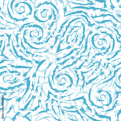 Vector blue seamless pattern drawn with a brush for decor isolated on a white background.Smooth lines with torn edges in the form of spirals of corners and loops.
