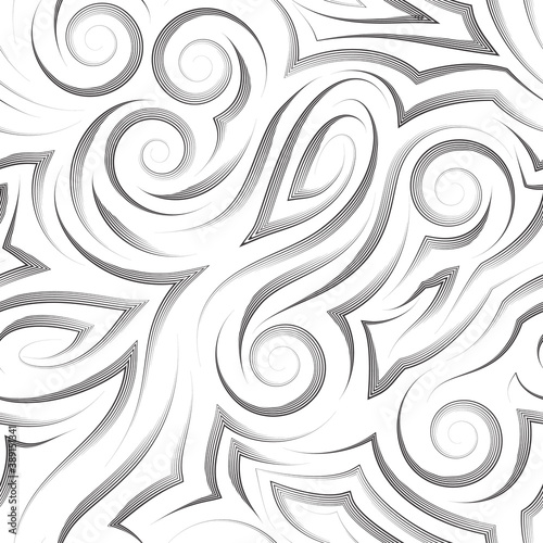 Vector black seamless pattern drawn with a pen or liner for decoration isolated on a white background.Smooth uneven lines in the form of spirals of corners and loops.