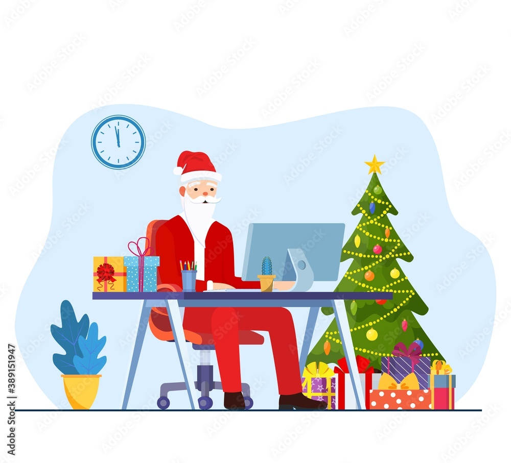 santa claus using laptop sitting at workplace near fir tree with gift boxes merry christmas new year holidays celebration concept. Vector illustration in flat style