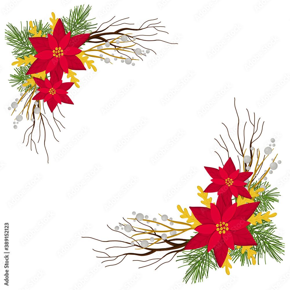 White poster, postcard, background with Christmas decor of flowers and fir branches, branches with red berries. White poster, postcard, background with Christmas decor of flowers and fir branches, branches with red berries.
