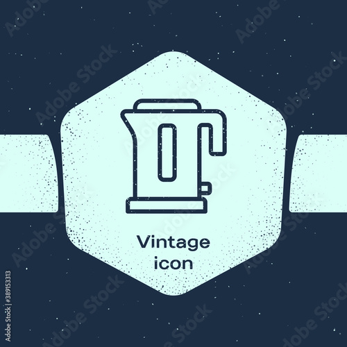 Grunge line Electric kettle icon isolated on blue background. Teapot icon. Monochrome vintage drawing. Vector.