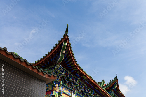 Roof of ancient Chinese Architecture, Old building under blue sky.