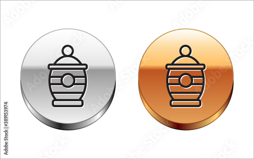 Black line Funeral urn icon isolated on white background. Cremation and burial containers, columbarium vases, jars and pots with ashes. Silver-gold circle button. Vector.