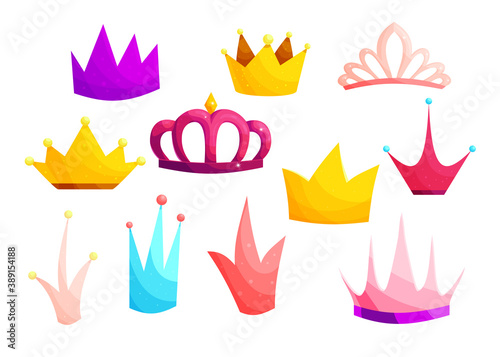 Medieval crowns cartoon vector color illustrations set. Royal headwear items with precious gems isolated on white background. Queen tiara, princess symbol, fairytale diadems design elements