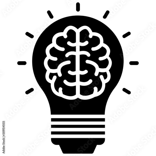 
Human brain inside sparkling light bulb, creative idea icon

