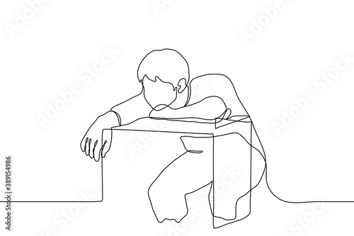 student is bored at the desk. one line drawing a young man (student) sits at a desk with his torso on it. He does not want to study, tired, not interested