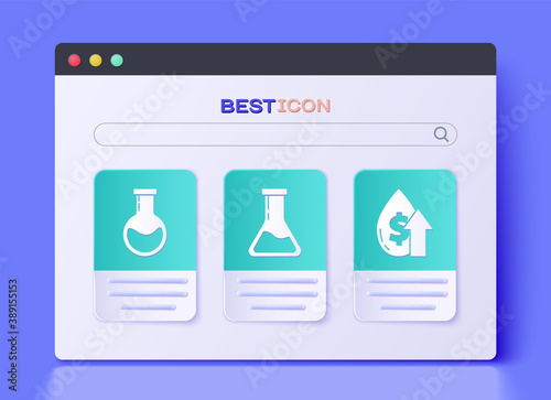 Set Test tube and flask, Test tube and flask and Oil price increase icon. Vector.
