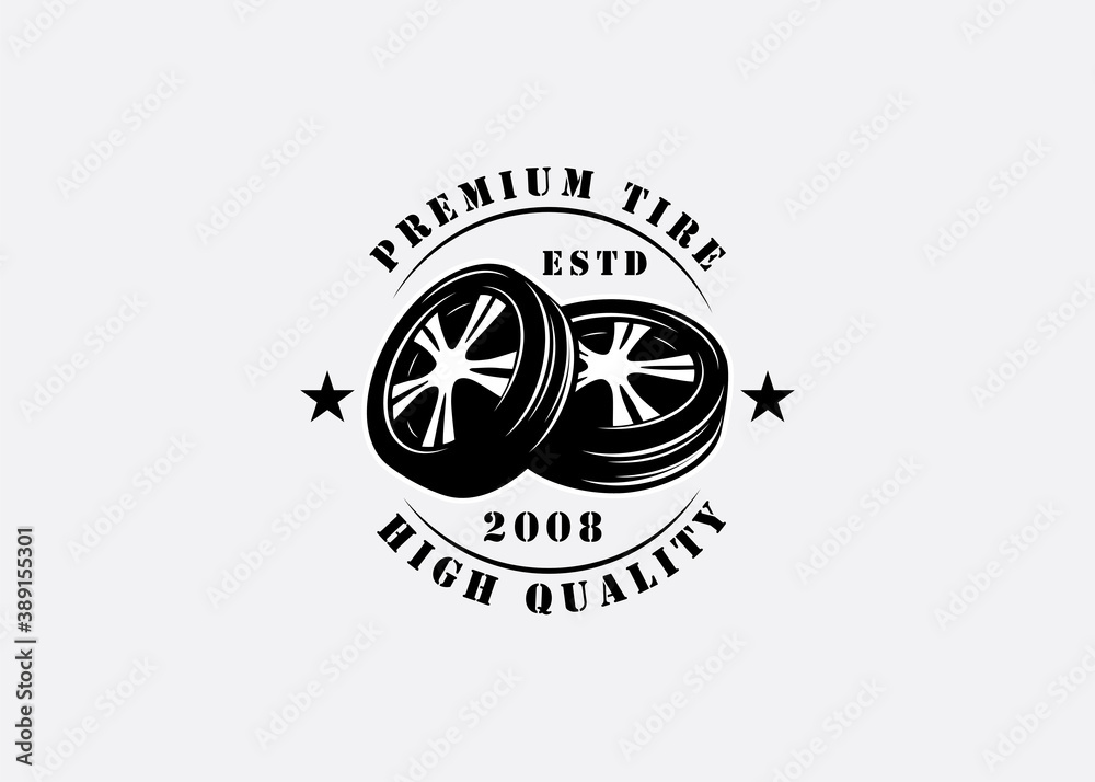 Fototapeta premium Car Wheel Logo Design Inspiration. Pile of Car Wheels Vector Template. Illustration of a Auto Wheel Repair Logo Shop.