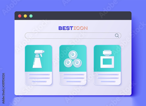 Set Towel rolls, Hairdresser pistol spray bottle and Aftershave icon. Vector.