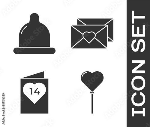 Set Balloons in form of heart, Condom, Valentines day flyer with heart and Envelope with Valentine heart icon. Vector.