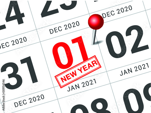 Close up of first day of the year 2021 on diary calendar, simple and clean design vector. 
