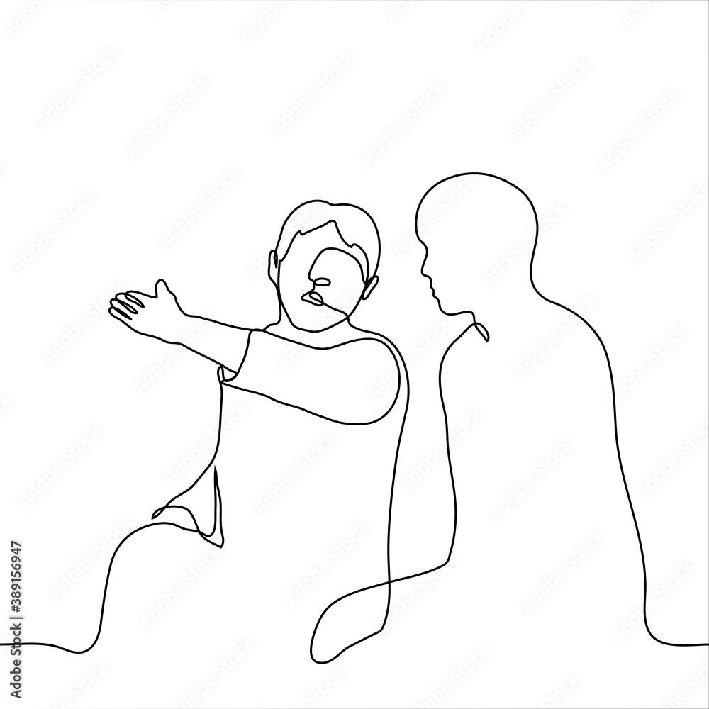 man points his hand to another. one line drawing of a man discussing one of whom raised his hand and directed it somewhere side