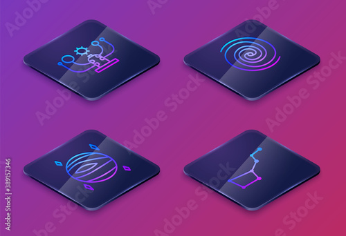 Set Isometric line Solar system, Planet Venus, Black hole and Great Bear constellation. Blue square button. Vector.