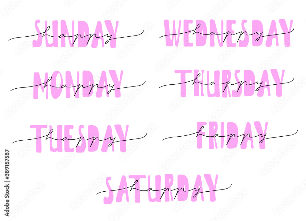 Handwritten Days of The Week Vector Illustration (Sunday, Monday, Tuesday, Wednesday, Thursday, Friday, Saturday) Easy Editable Color