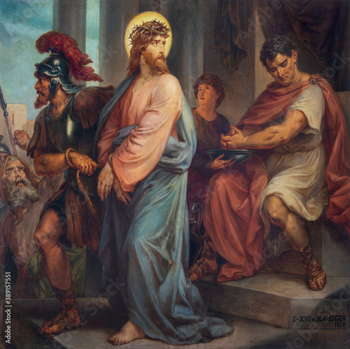 VIENNA, AUSTIRA - OCTOBER 22, 2020: The painting of Jesus before Pilate in church St. Johann der Evangelist by Karl Geiger (1876).