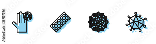 Set line Virus, Hand with virus, Pills in blister pack and icon. Vector.