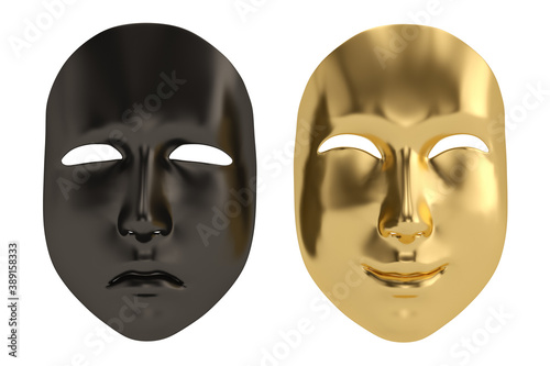 Happy and sad mask Isolated On White Background, 3D render. 3D illustration.