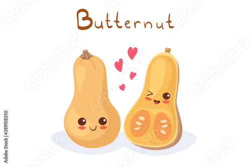 Cute stock vector illustration with Butternut squashes - whole & sliced half. Kawaii happy smiling vegetables characters isolated on white with lettering. Use for t-shirt print, menu, card, food hall.