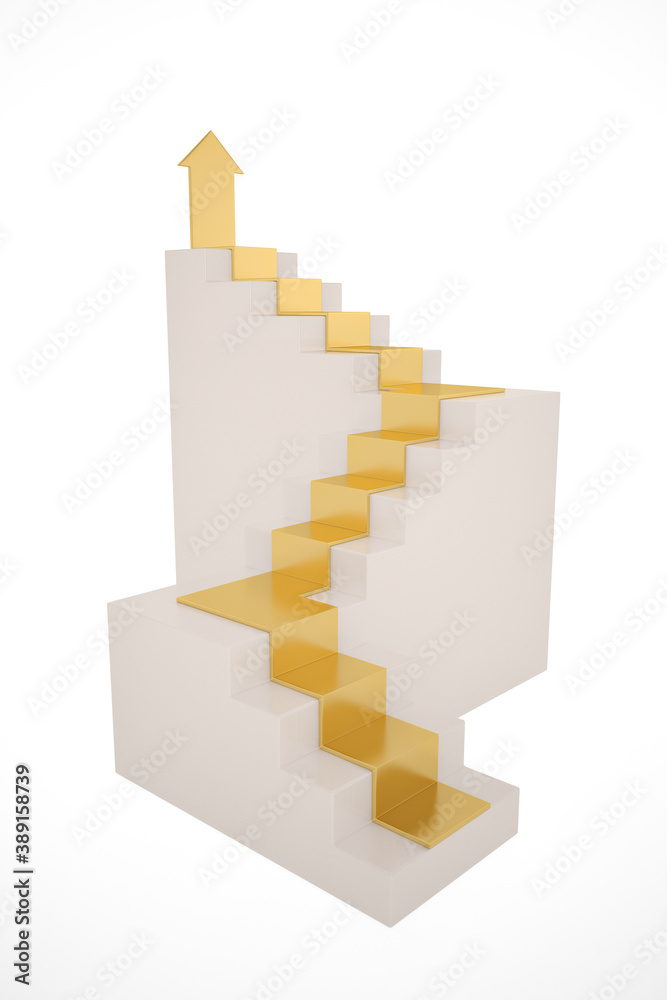 Financial concept, Golden arrow with stairs Isolated On White Background, 3D render. 3D illustration. Financial concept, Golden arrow with stairs Isolated On White Background, 3D render. 3D illustration.