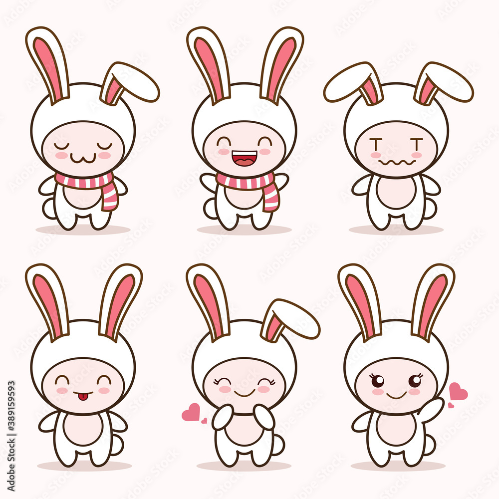 cute bunny rabbit mascot with various kinds of expressions set collection