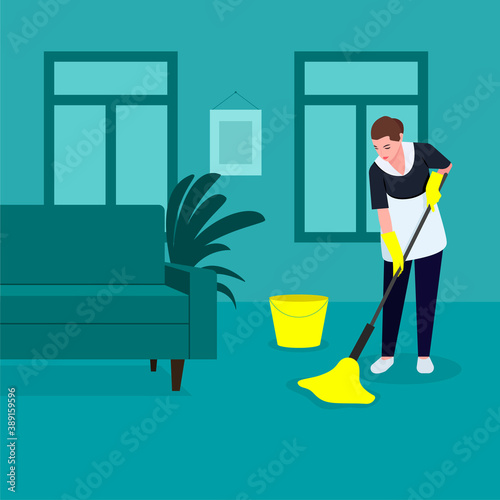 a woman maid does cleaning, washes the floor with a mop in yellow gloves, cleaning, disinfection of floor surfaces, © Татьяна Пивоварова