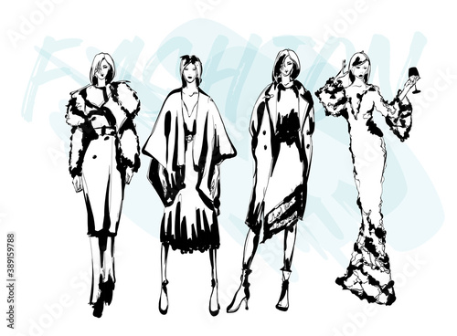 Beautiful young women in modern style.. Hand drawn stylish woman portrait. Fashion lady. Autumn outfit. Sketch set. Fashion model posing in coat. Hand drawn fashion woman.