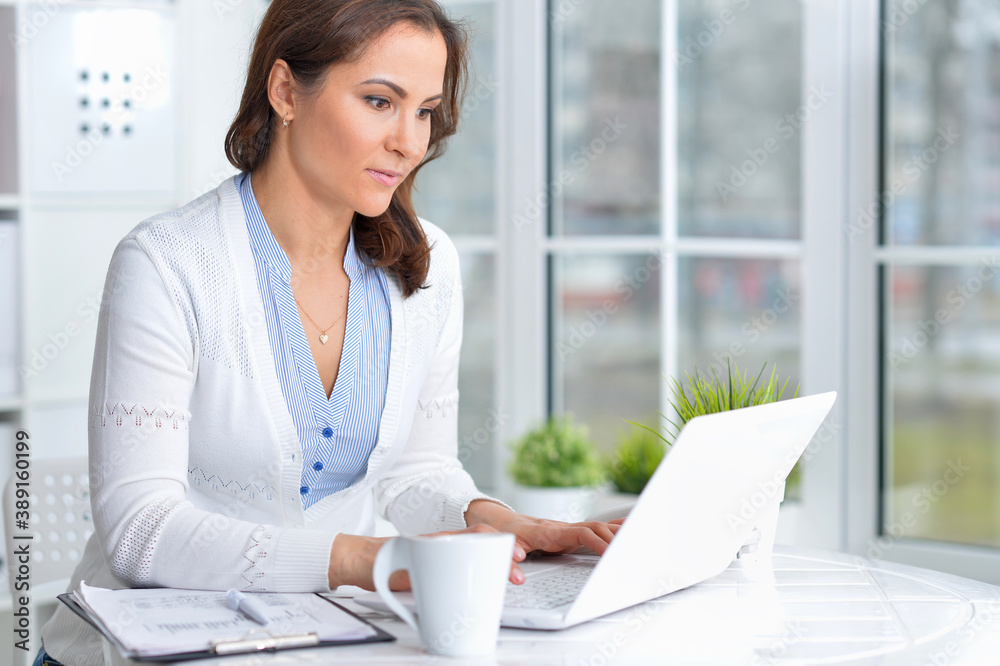 Portrait of young beautiful woman working with laptop Portrait of young beautiful woman working with laptop