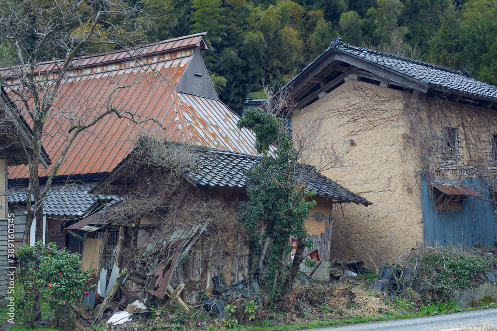An abandoned house now entirely derelict and consumed by vegetation in a small village in Japan