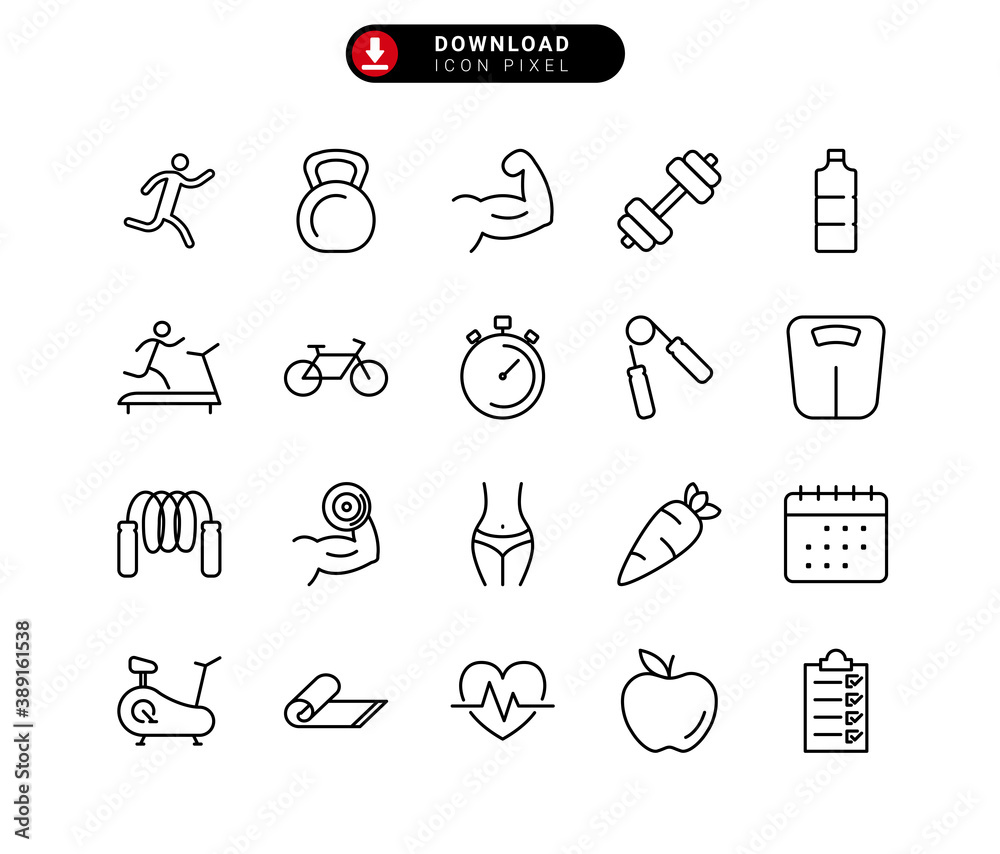 fitness and gym outline icon set, editable stroke